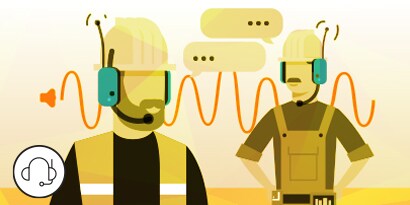 Illustration of 2 workers communicating in loud noise with 3M protective communication headsets
