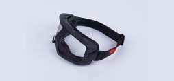 A black goggles with a red logo
