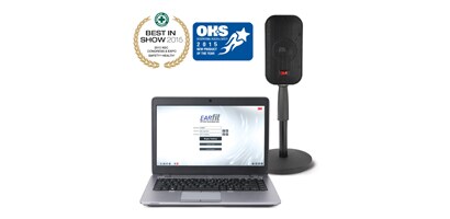 Image of a microphone and laptop with the screen showing 3M EARfit
