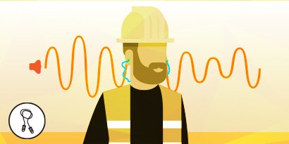 Illustration showing worker wearing hardhat and corded earplugs
