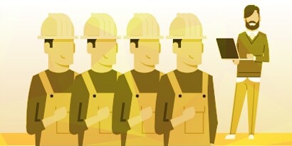 Illustration of 4 workers with hardhats and an administrative worker with a tablet - indicating Resources
