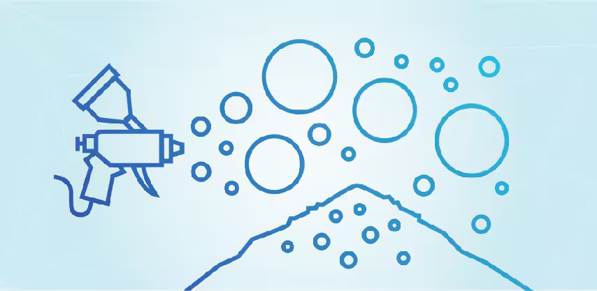 원형 입자를 삼각형 표면에 뿌리는 스프레이 건을 상상해 보세요
