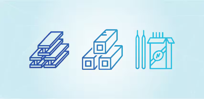 쌓인 금속 막대, 사각형 빔, 용접 전극 상자의 이미지
