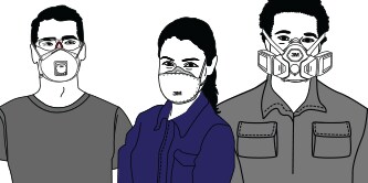 서로 다른 호흡보호구를 착용한 작업자 일러스트레이션
