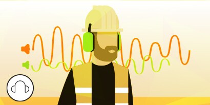 Ilustration of worker wearing hardhat and 3M protective communications with variable noise levels
