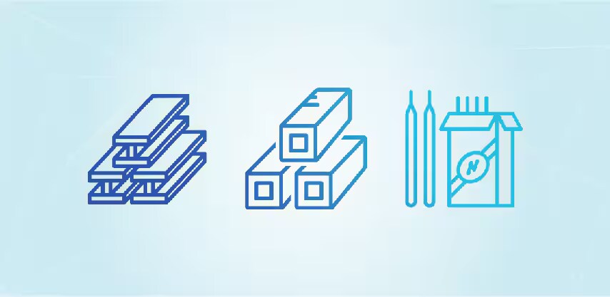 쌓인 금속 막대, 사각형 빔, 용접 전극 상자의 이미지
