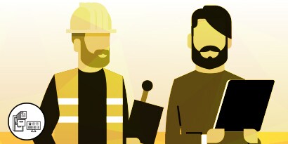 Illustration of workers - one with hardhat and another with no protective equipment holding a tablet - indicating use of 3M Hearing Conservation Program Manager
